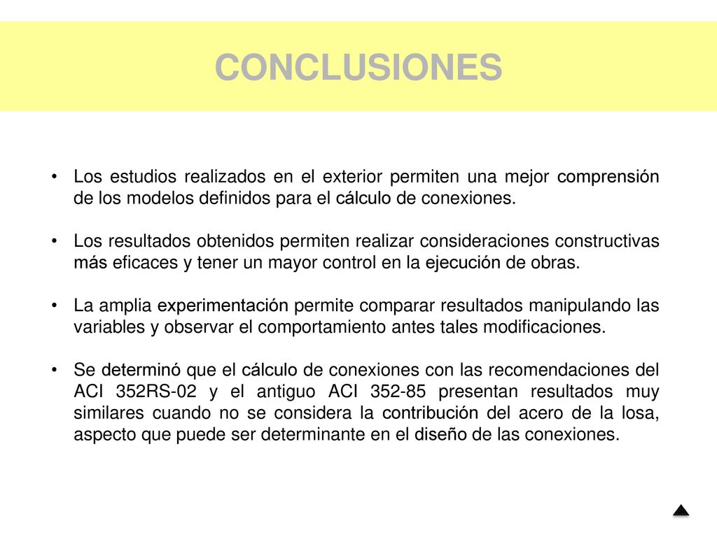 CONCLUSIONES Los estudios realizados en el exterior permiten una mejor comprensión de los modelos definidos para el cálculo de conexiones.