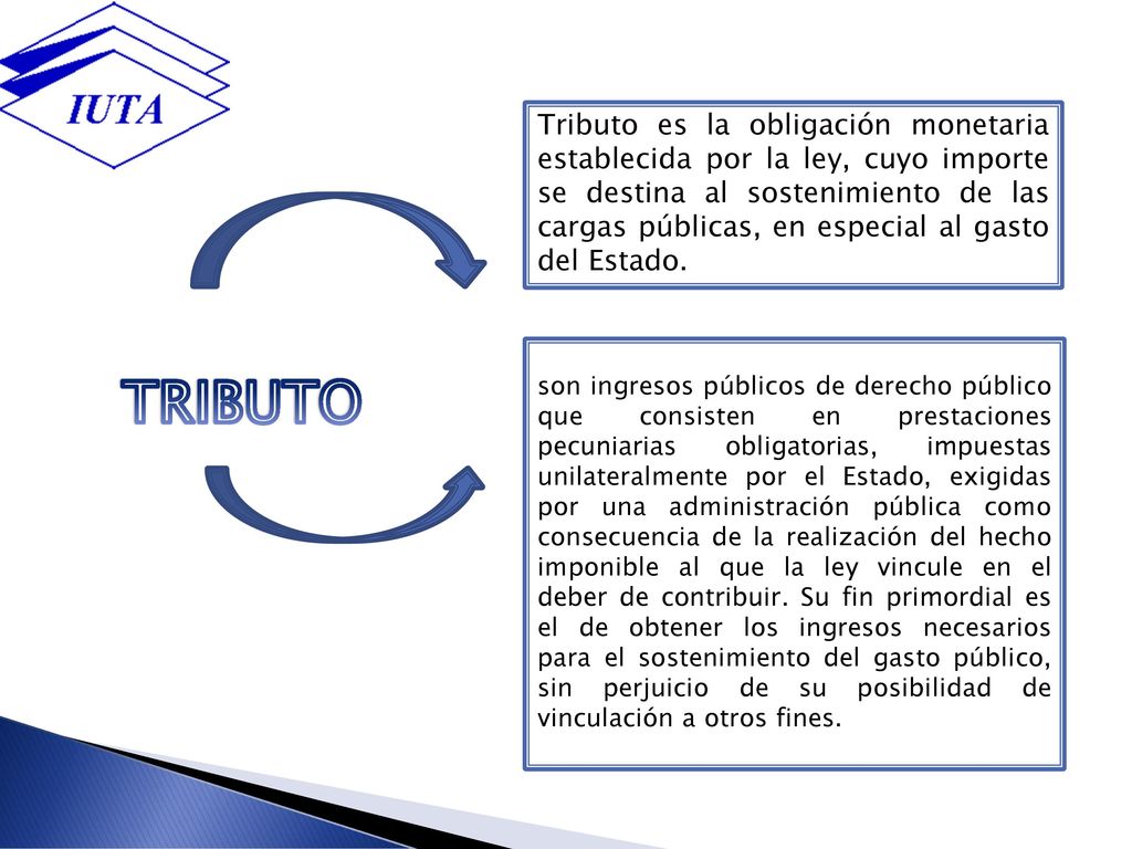 Tributo es la obligación monetaria establecida por la ley, cuyo importe se destina al sostenimiento de las cargas públicas, en especial al gasto del Estado.
