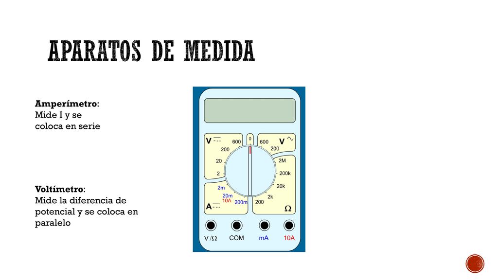 Aparatos de medida Amperímetro: Mide I y se coloca en serie