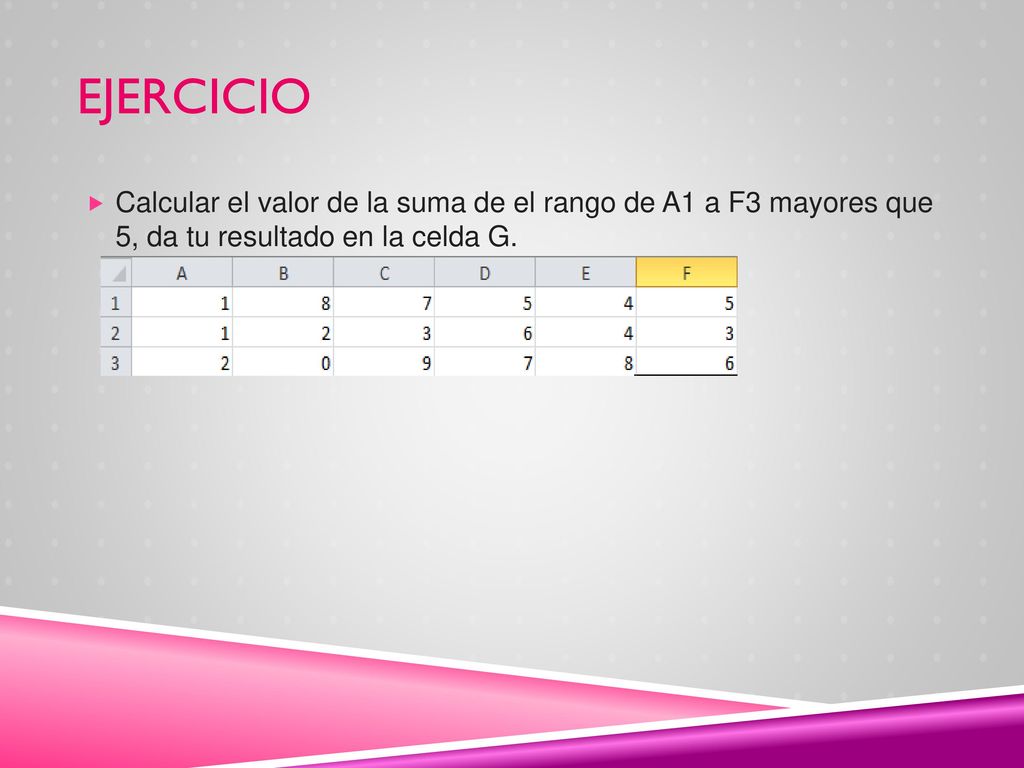 EJERCICIO Calcular el valor de la suma de el rango de A1 a F3 mayores que 5, da tu resultado en la celda G.