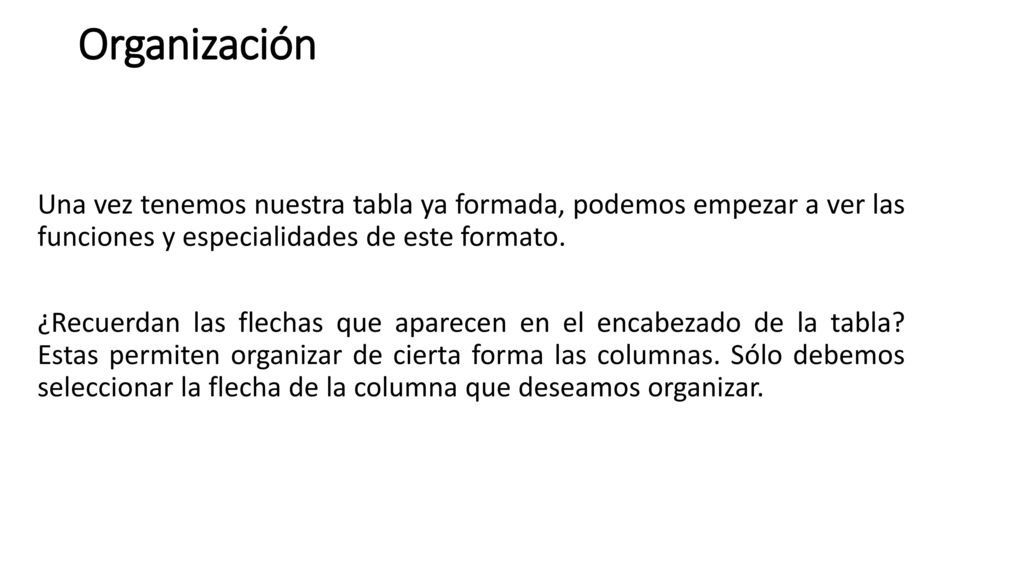 Organización Una vez tenemos nuestra tabla ya formada, podemos empezar a ver las funciones y especialidades de este formato.