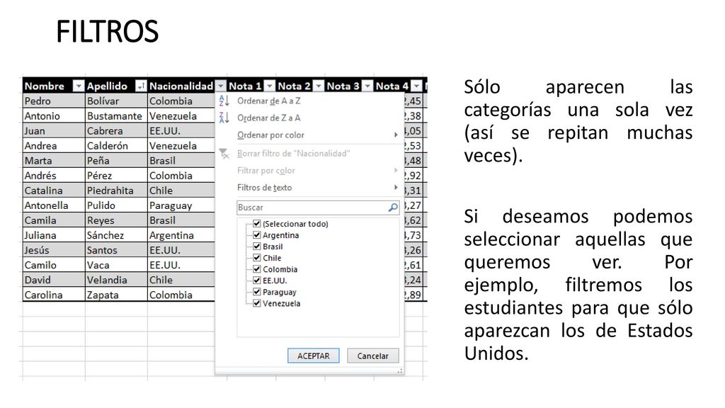 FILTROS Sólo aparecen las categorías una sola vez (así se repitan muchas veces).