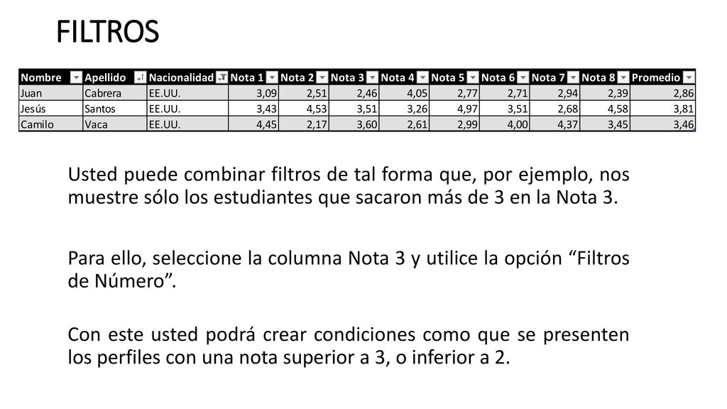 FILTROS Usted puede combinar filtros de tal forma que, por ejemplo, nos muestre sólo los estudiantes que sacaron más de 3 en la Nota 3.