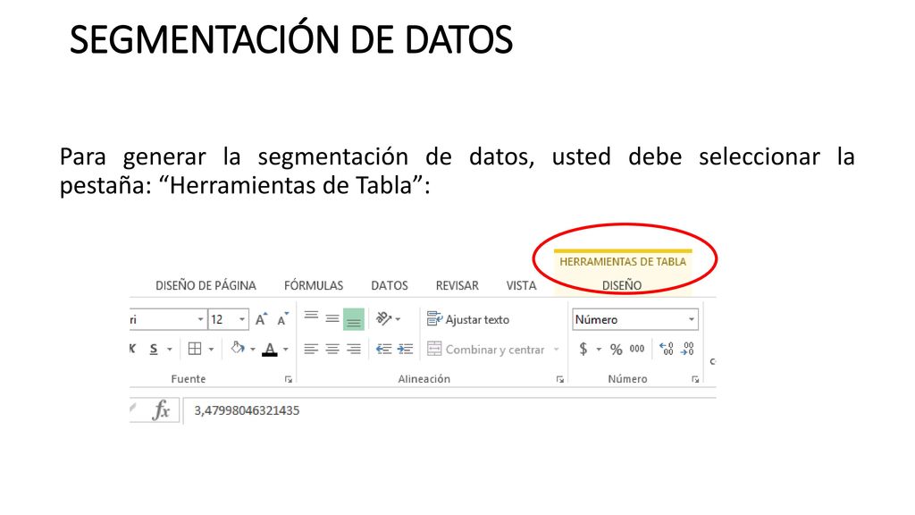 SEGMENTACIÓN DE DATOS Para generar la segmentación de datos, usted debe seleccionar la pestaña: Herramientas de Tabla :