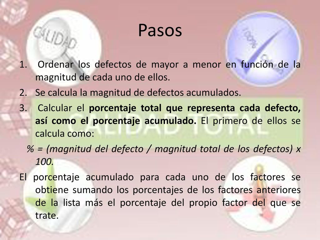 Pasos Ordenar los defectos de mayor a menor en función de la magnitud de cada uno de ellos. Se calcula la magnitud de defectos acumulados.