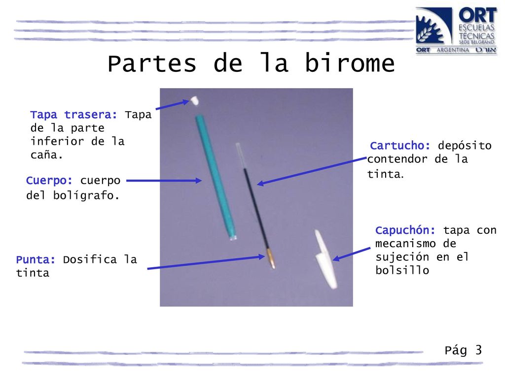 Partes de la birome Cartucho: depósito contendor de la tinta.