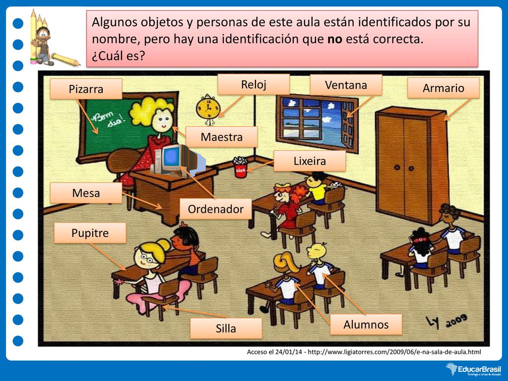 Algunos objetos y personas de este aula están identificados por su nombre, pero hay una identificación que no está correcta.