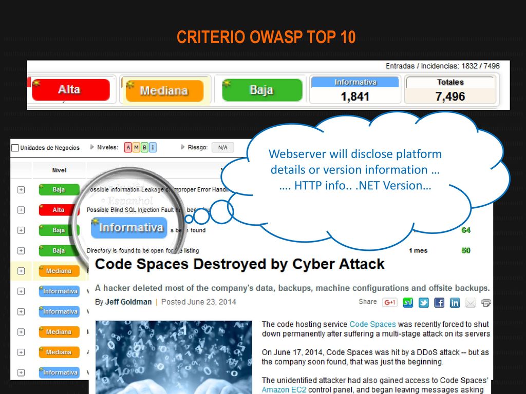 CRITERIO OWASP TOP 10 Webserver will disclose platform details or version information … ….