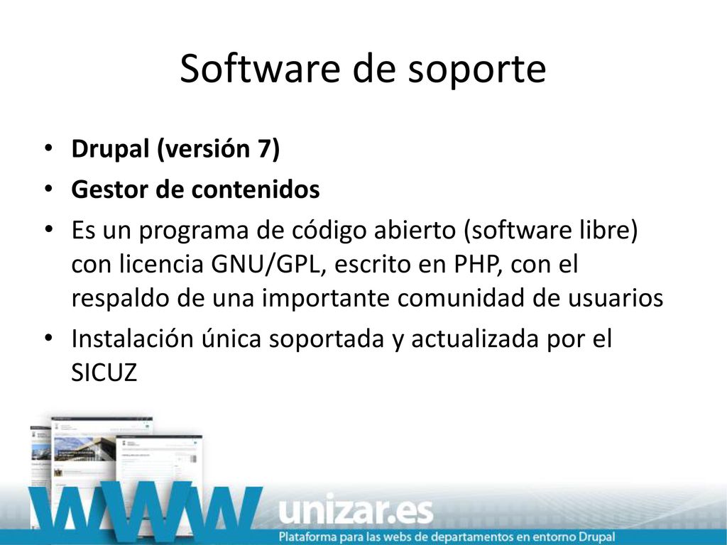 Software de soporte Drupal (versión 7) Gestor de contenidos