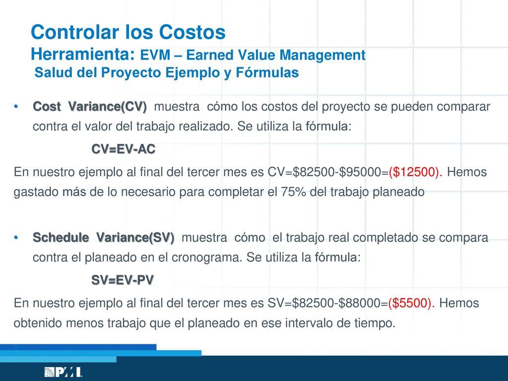 Controlar los Costos Herramienta: EVM – Earned Value Management Salud del Proyecto Ejemplo y Fórmulas