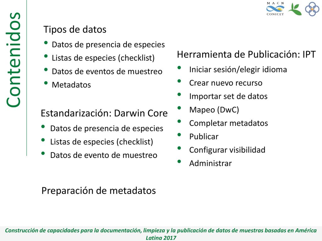 Contenidos Tipos de datos Herramienta de Publicación: IPT