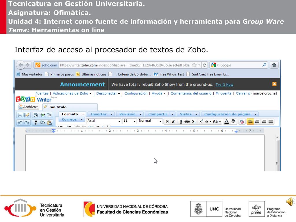 Interfaz de acceso al procesador de textos de Zoho.