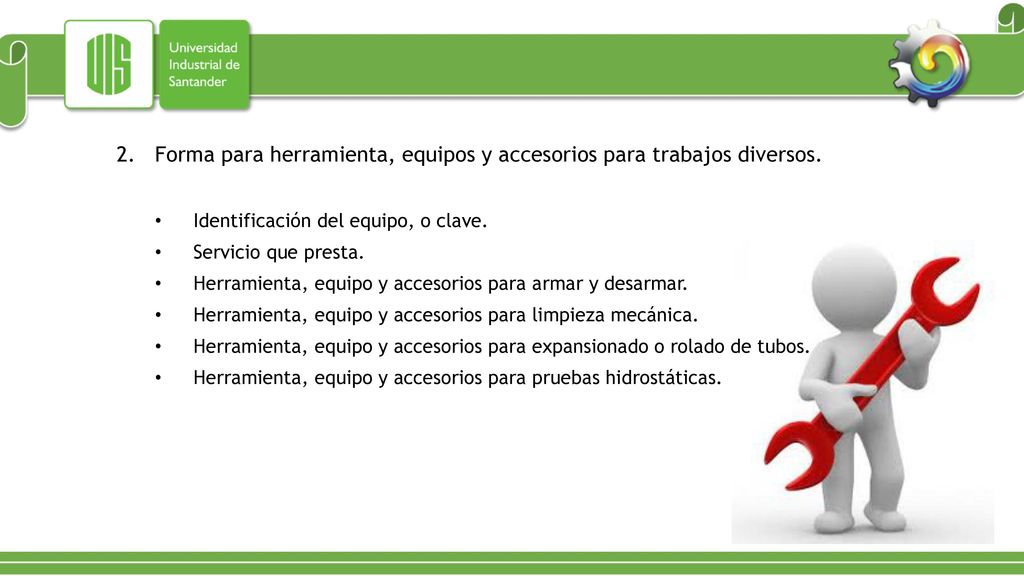 Forma para herramienta, equipos y accesorios para trabajos diversos.