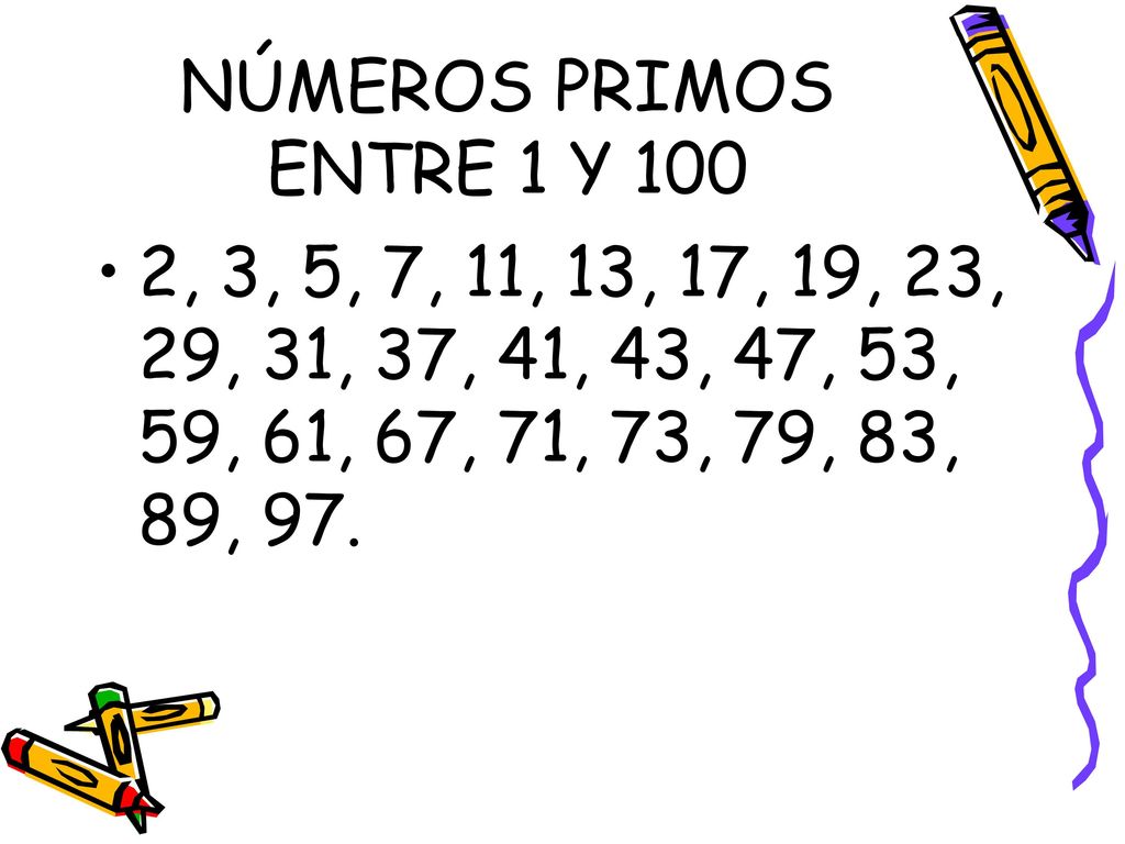 NÚMEROS PRIMOS ENTRE 1 Y 100 2, 3, 5, 7, 11, 13, 17, 19, 23, 29, 31, 37, 41, 43, 47, 53, 59, 61, 67, 71, 73, 79, 83, 89, 97.
