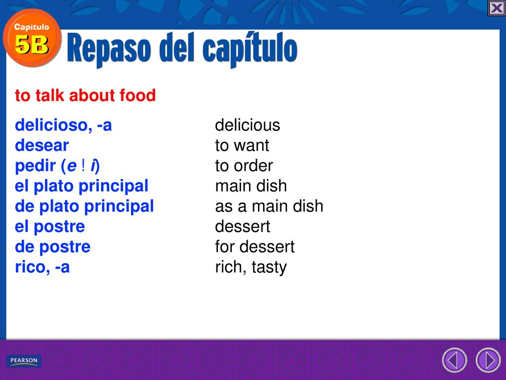 to talk about food delicioso, -a delicious. desear to want. pedir (e ! i) to order. el plato principal main dish.