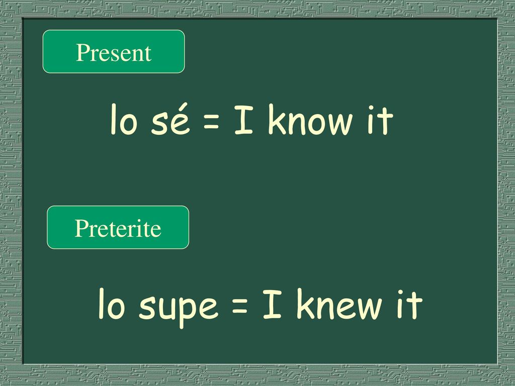 Present lo sé = I know it Preterite lo supe = I knew it