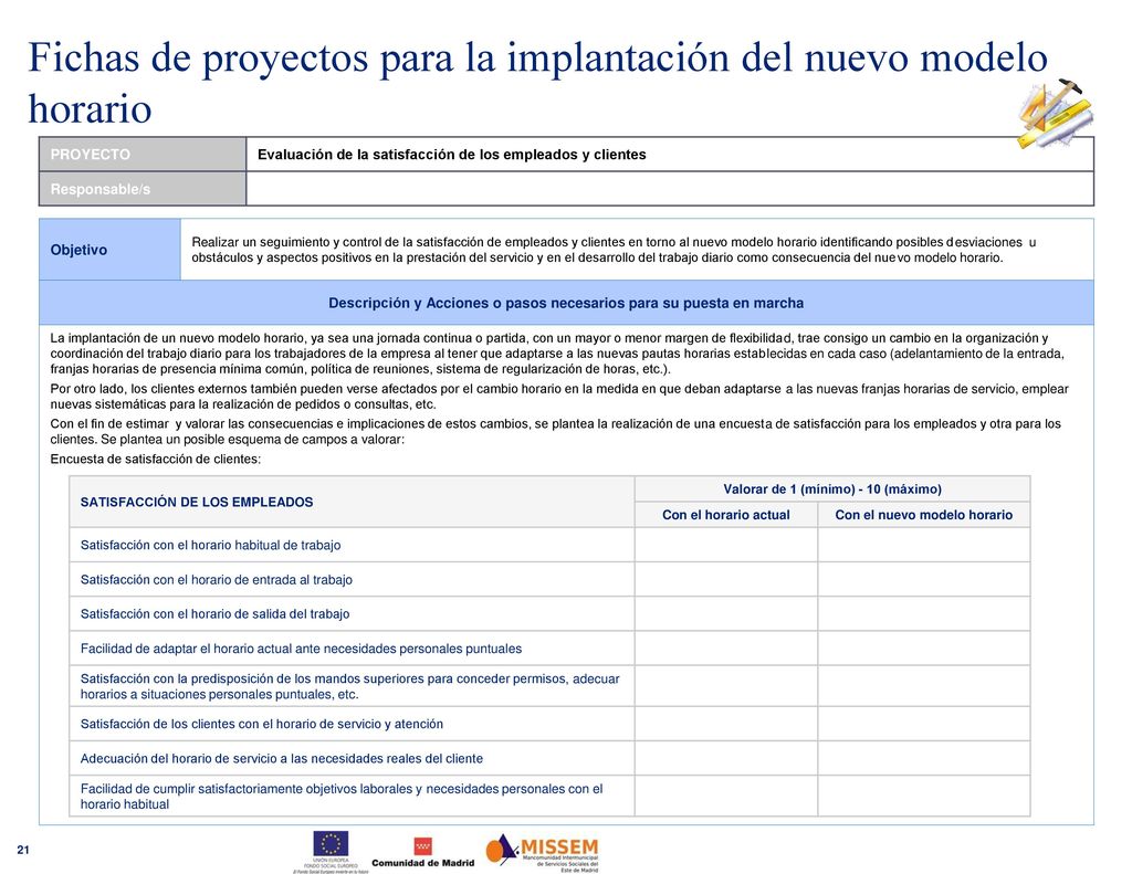 Fichas de proyectos para la implantación del nuevo modelo horario