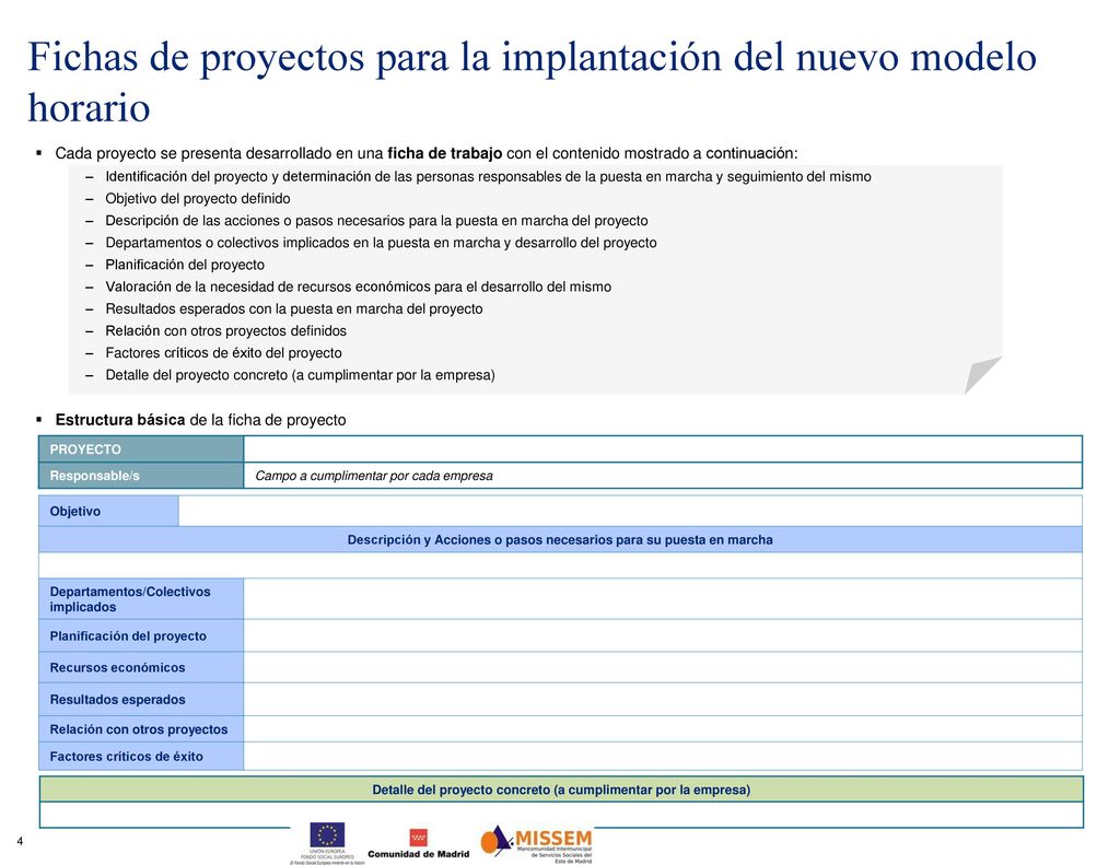 Fichas de proyectos para la implantación del nuevo modelo horario