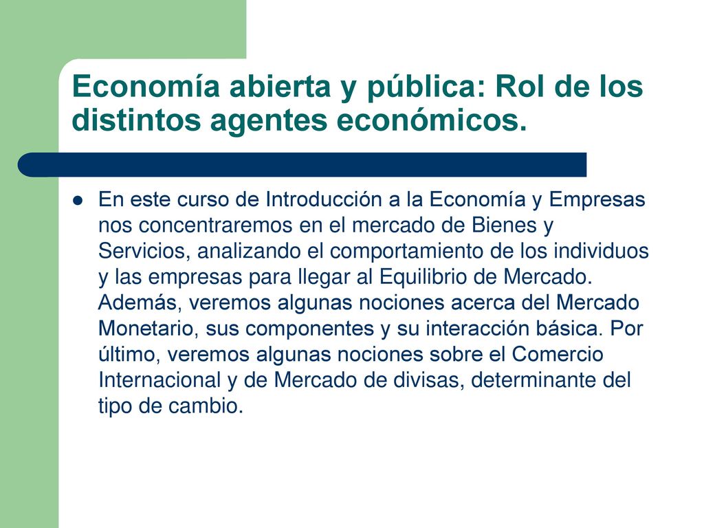 Economía abierta y pública: Rol de los distintos agentes económicos.
