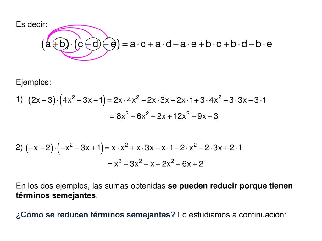 Es decir: Ejemplos: 1) 2) En los dos ejemplos, las sumas obtenidas se pueden reducir porque tienen términos semejantes.