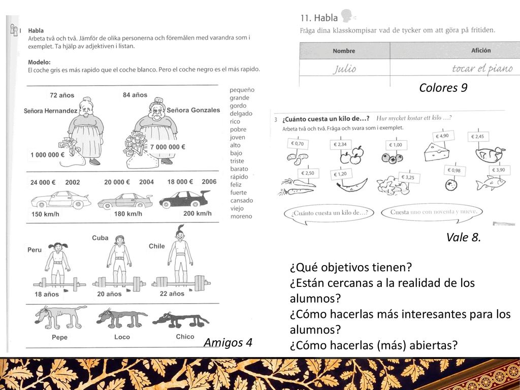 Colores 9 Vale 8. ¿Qué objetivos tienen ¿Están cercanas a la realidad de los alumnos ¿Cómo hacerlas más interesantes para los alumnos