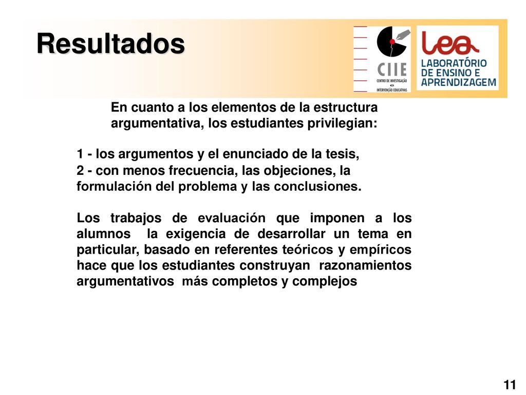 Resultados En cuanto a los elementos de la estructura argumentativa, los estudiantes privilegian: 1 - los argumentos y el enunciado de la tesis,