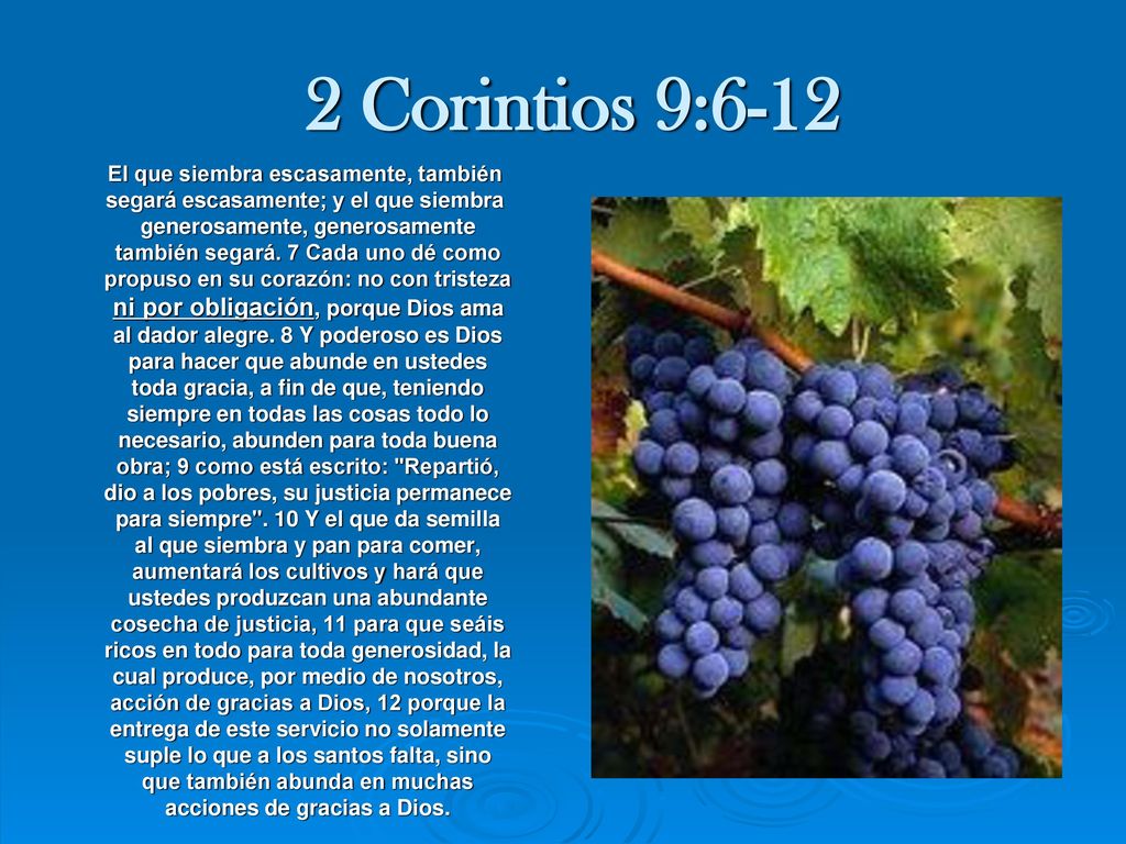 2 Corintios 9:6-12 ni por obligación, porque Dios ama