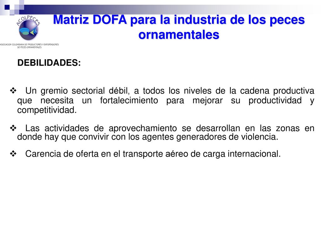 Matriz DOFA para la industria de los peces ornamentales