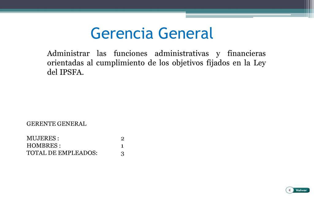 Gerencia General Administrar las funciones administrativas y financieras orientadas al cumplimiento de los objetivos fijados en la Ley del IPSFA.