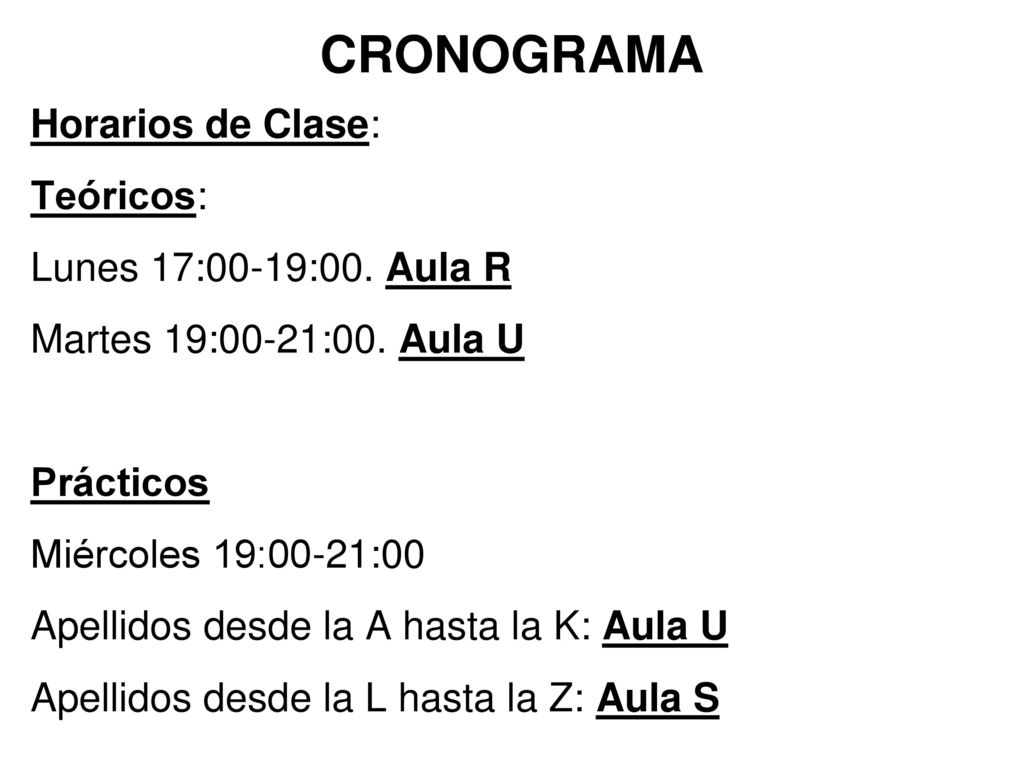 CRONOGRAMA Horarios de Clase: Teóricos: Lunes 17:00-19:00. Aula R