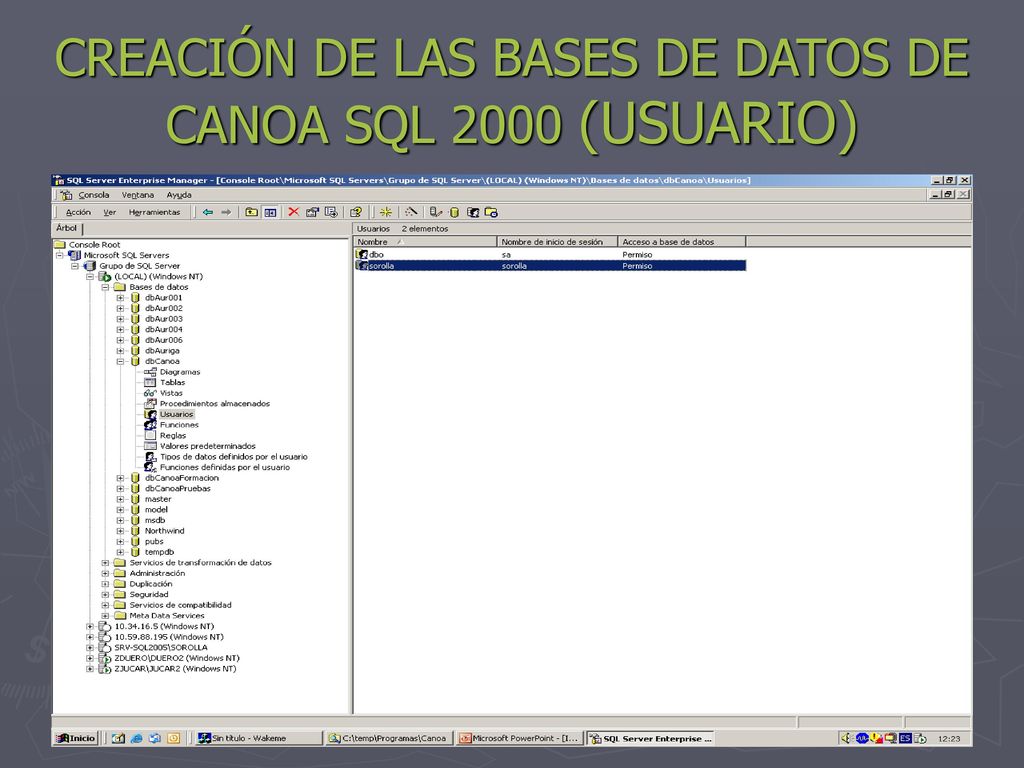 CREACIÓN DE LAS BASES DE DATOS DE CANOA SQL 2000 (USUARIO)