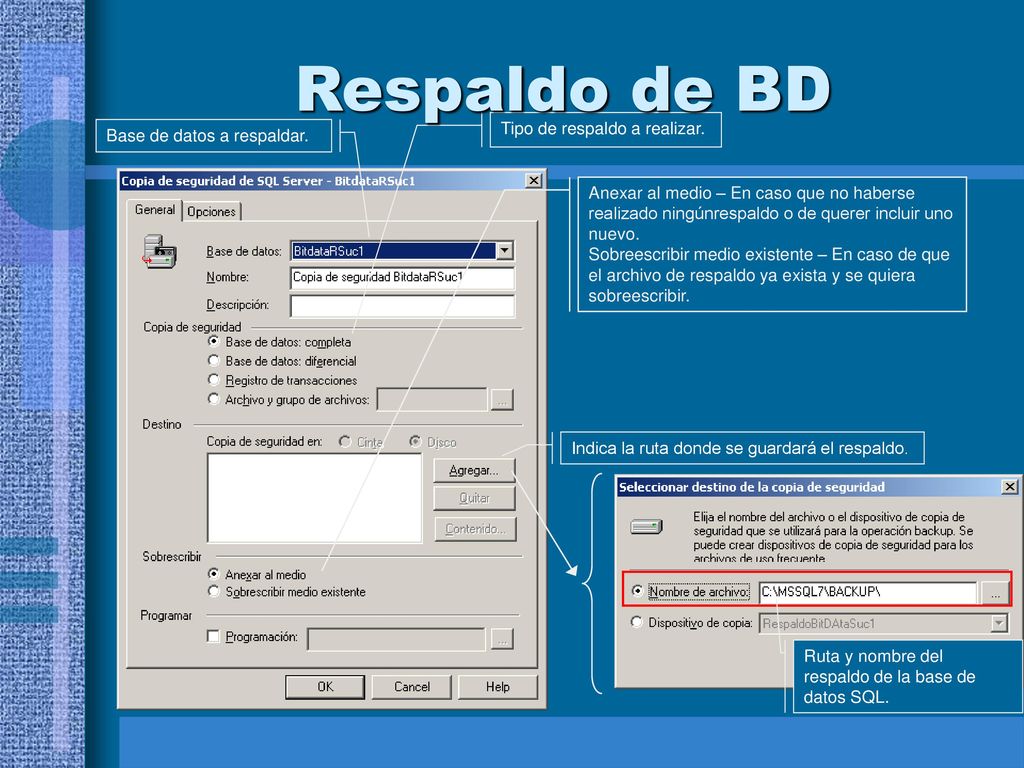 Respaldo de BD Tipo de respaldo a realizar. Base de datos a respaldar.