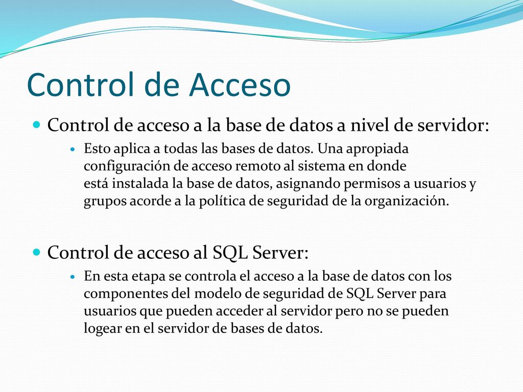 Control de Acceso Control de acceso a la base de datos a nivel de servidor: