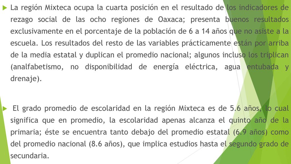 La región Mixteca ocupa la cuarta posición en el resultado de los indicadores de rezago social de las ocho regiones de Oaxaca; presenta buenos resultados exclusivamente en el porcentaje de la población de 6 a 14 años que no asiste a la escuela. Los resultados del resto de las variables prácticamente están por arriba de la media estatal y duplican el promedio nacional; algunos incluso los triplican (analfabetismo, no disponibilidad de energía eléctrica, agua entubada y drenaje).