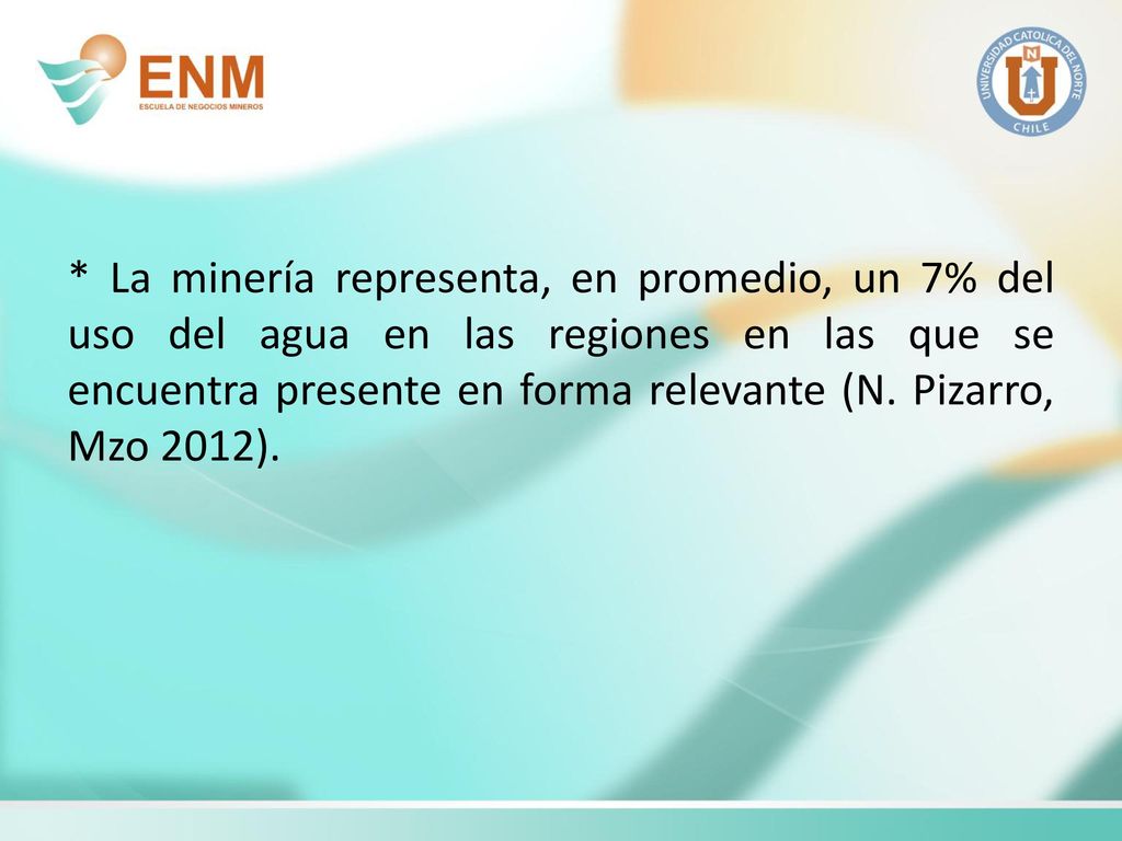 * La minería representa, en promedio, un 7% del uso del agua en las regiones en las que se encuentra presente en forma relevante (N.