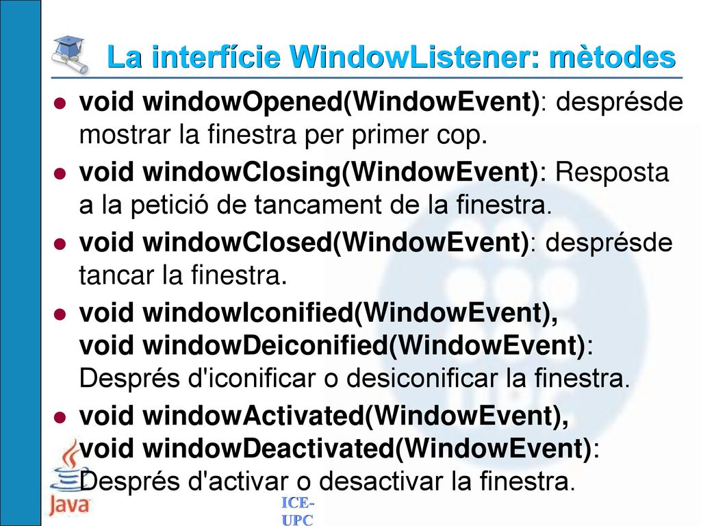 La interfície WindowListener: mètodes