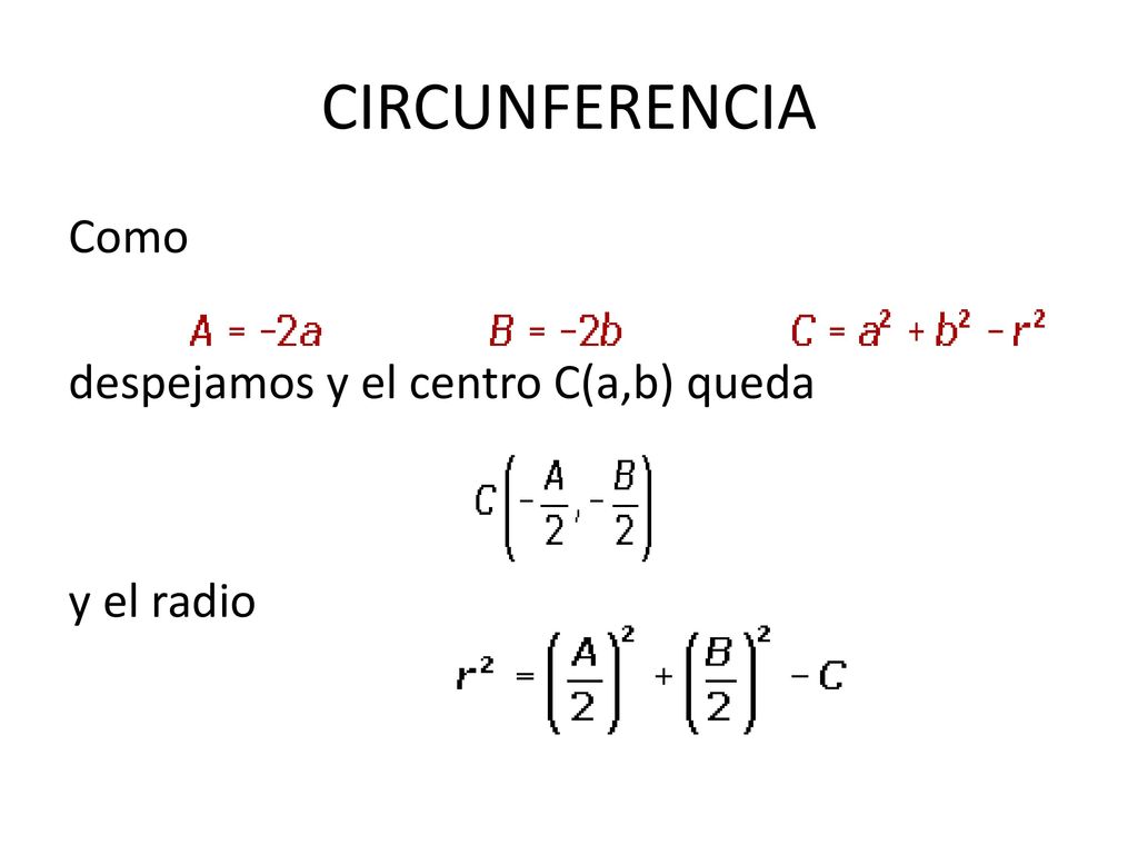 CIRCUNFERENCIA Como despejamos y el centro C(a,b) queda y el radio