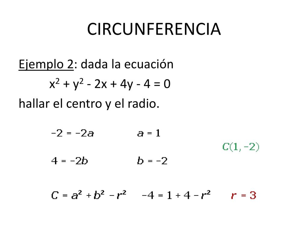 CIRCUNFERENCIA Ejemplo 2: dada la ecuación x2 + y2 - 2x + 4y - 4 = 0