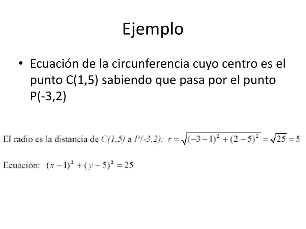 Ejemplo Ecuación de la circunferencia cuyo centro es el punto C(1,5) sabiendo que pasa por el punto P(-3,2)