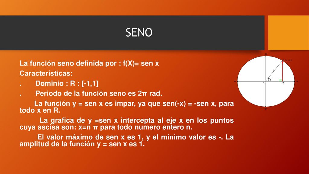 SENO La función seno definida por : f(X)= sen x Características: