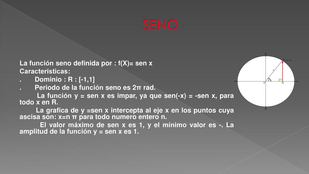 SENO La función seno definida por : f(X)= sen x Características: