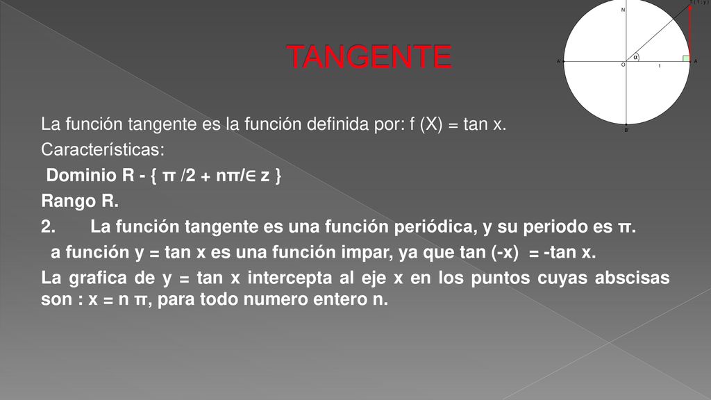 TANGENTE La función tangente es la función definida por: f (X) = tan x. Características: Dominio R - { π /2 + nπ/∈ z }