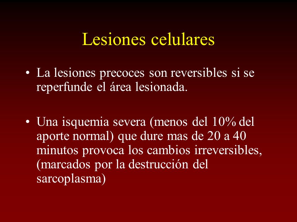 Lesiones celulares La lesiones precoces son reversibles si se reperfunde el área lesionada.