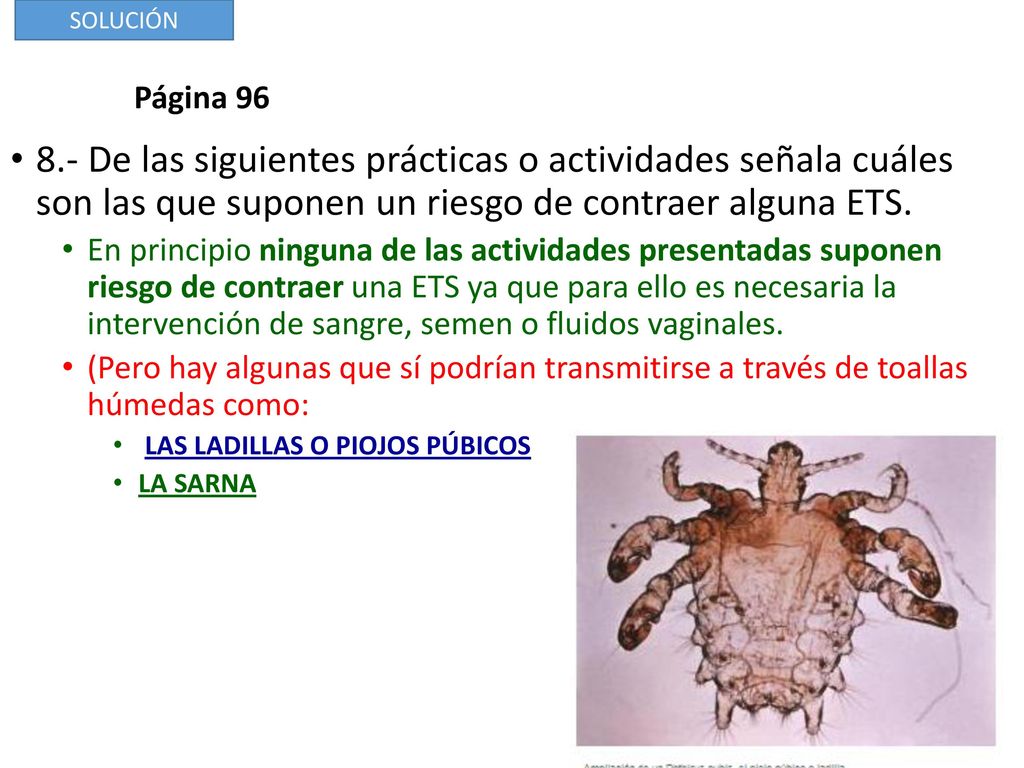 SOLUCIÓN Página De las siguientes prácticas o actividades señala cuáles son las que suponen un riesgo de contraer alguna ETS.