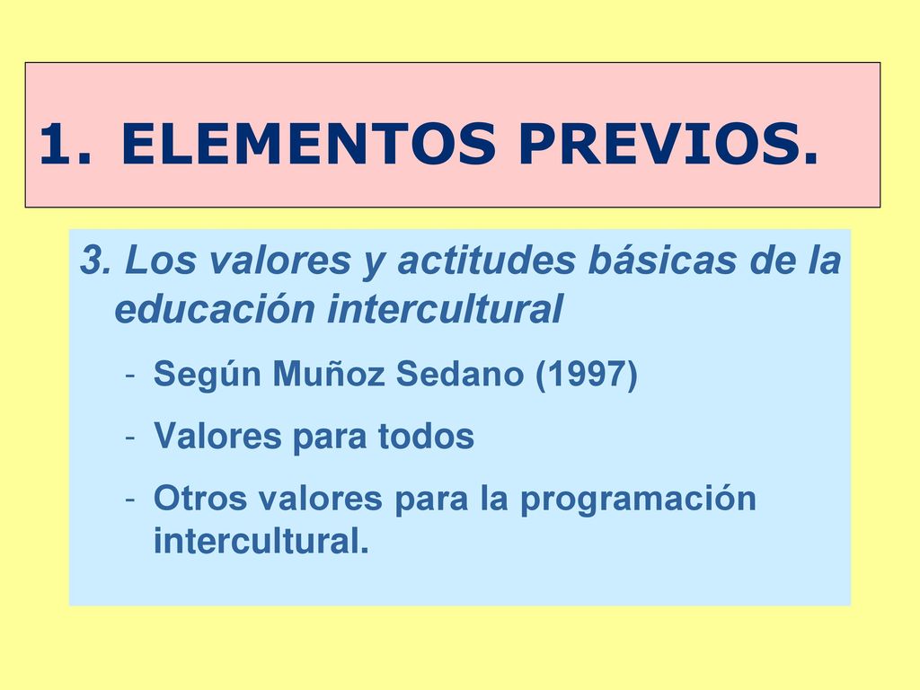ELEMENTOS PREVIOS. 3. Los valores y actitudes básicas de la educación intercultural. Según Muñoz Sedano (1997)