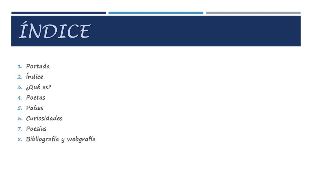 ÍNDICE Portada Índice ¿Qué es Poetas Países Curiosidades Poesías