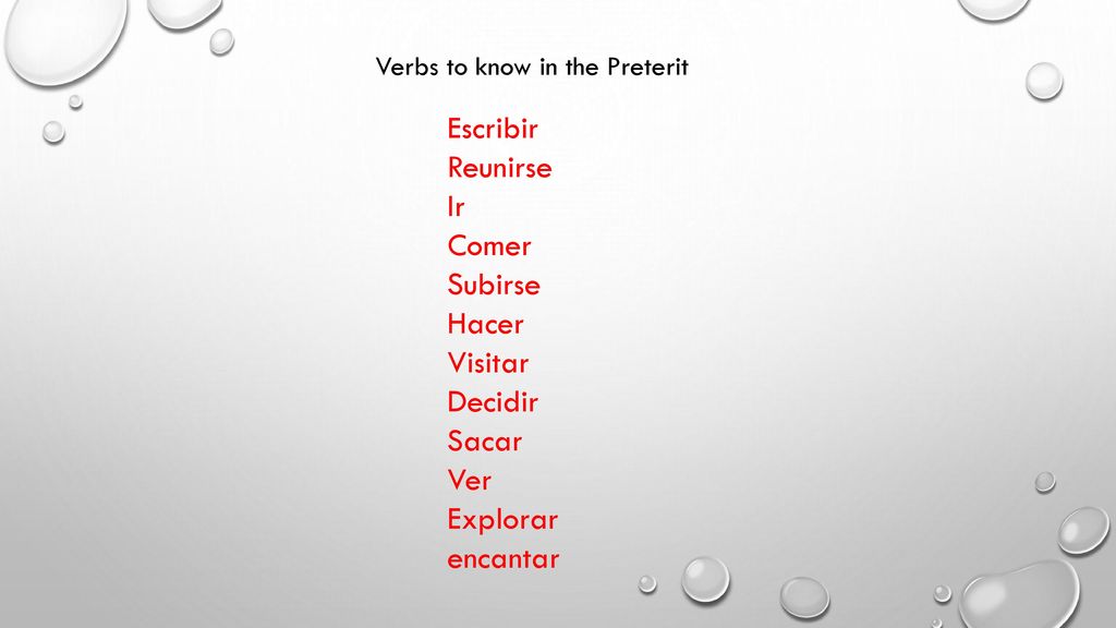 Escribir Reunirse Ir Comer Subirse Hacer Visitar Decidir Sacar Ver