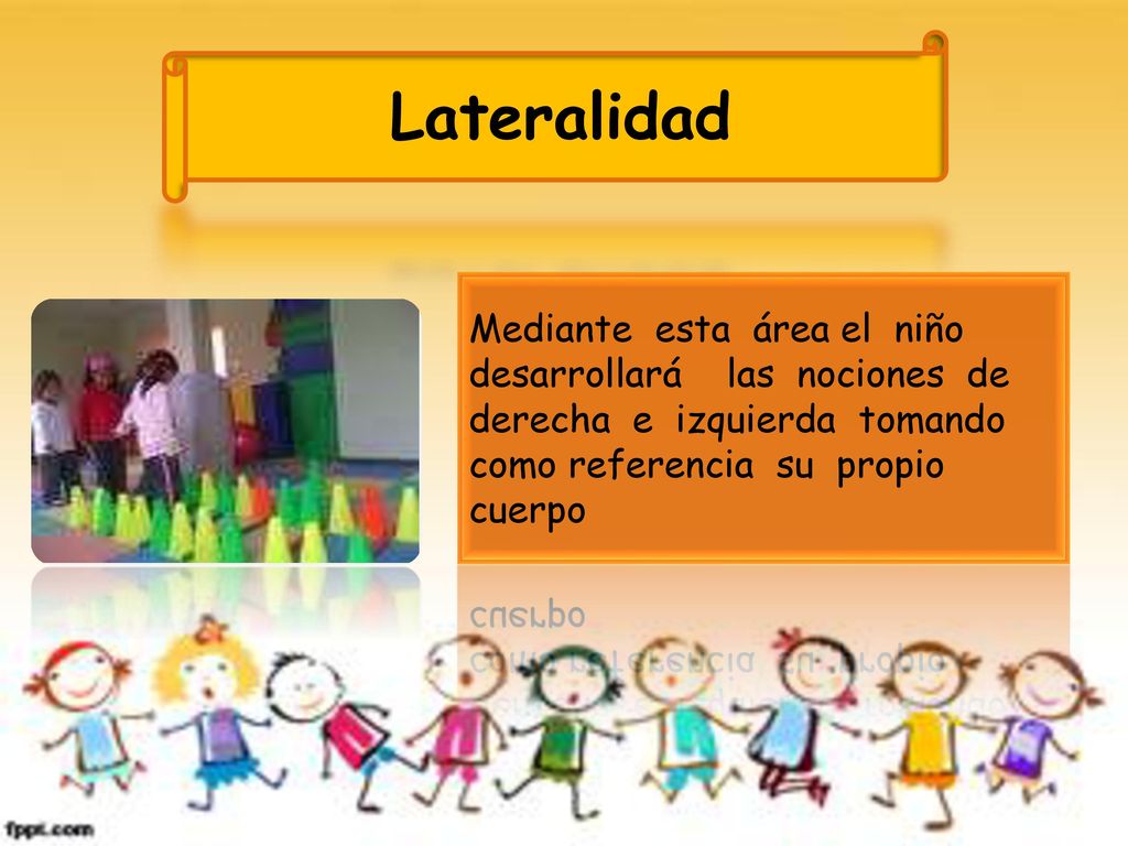 Lateralidad Mediante esta área el niño desarrollará las nociones de derecha e izquierda tomando como referencia su propio cuerpo.