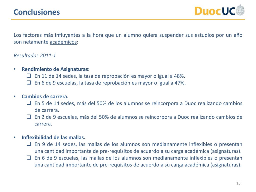 Conclusiones Los factores más influyentes a la hora que un alumno quiera suspender sus estudios por un año son netamente académicos: