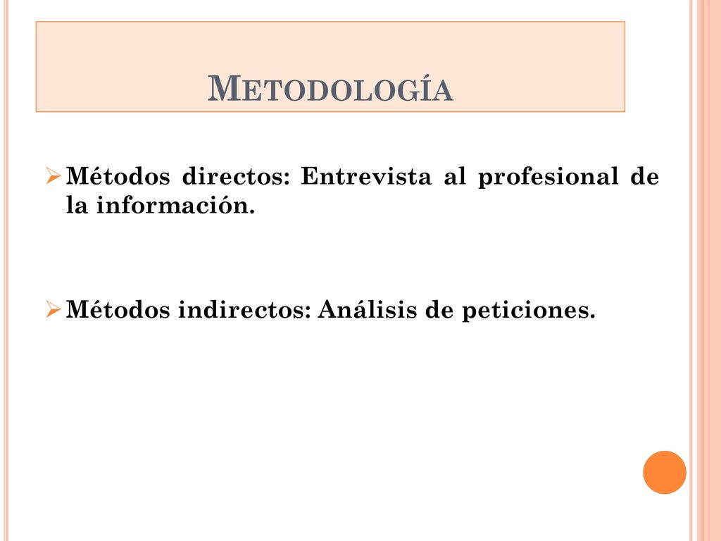 Metodología Métodos directos: Entrevista al profesional de la información.